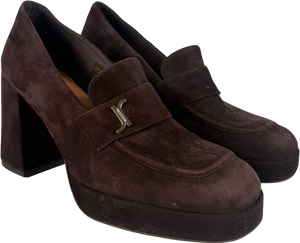 Jonak Heeled Loafers With Monogram In Dark Brown Velvet | Violon UK 5 EU 38