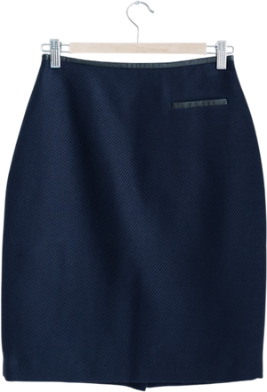 Jigsaw Navy Blue Wool Jacquard Leather Trim Pencil Skirt UK 8