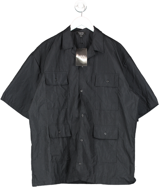 boohooMan Black Crinkle Nylon 4 Pocket Oversized Boxy Shirt UK L