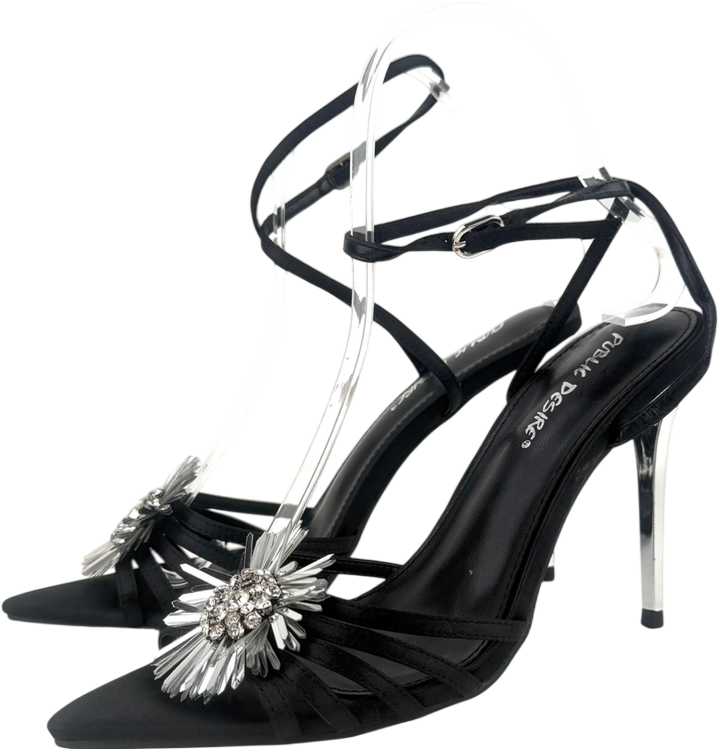 Public Desire Reign Heeled Sandals With Flower Detail In Black And Silver UK 4 EU 37 👠
