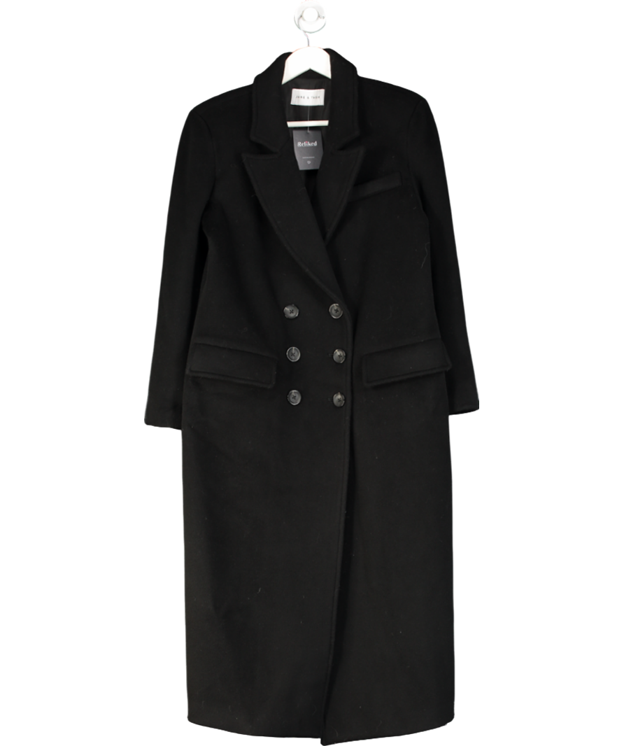 JANE & TASH Black Brushed Wool / Alpaca Blend Straight Fit Trench Coat UK S
