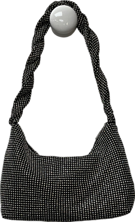 Twisted Strap Detail Rectangle Shaped Shoulder Bag In Black Diamante