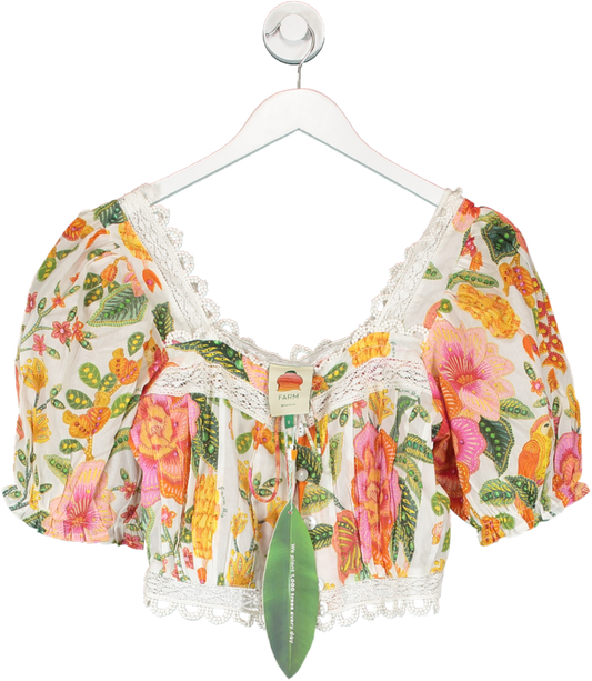 farmrio Macaw Bloom Linen Cropped Blouse With Scalloped Lace Embroidery UK S