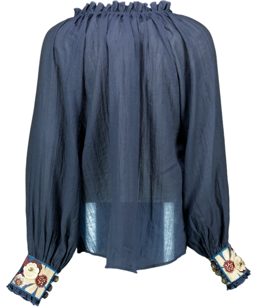 Rosewater House Navy Blue Pansy Embroidered Cuff Blouse One Size