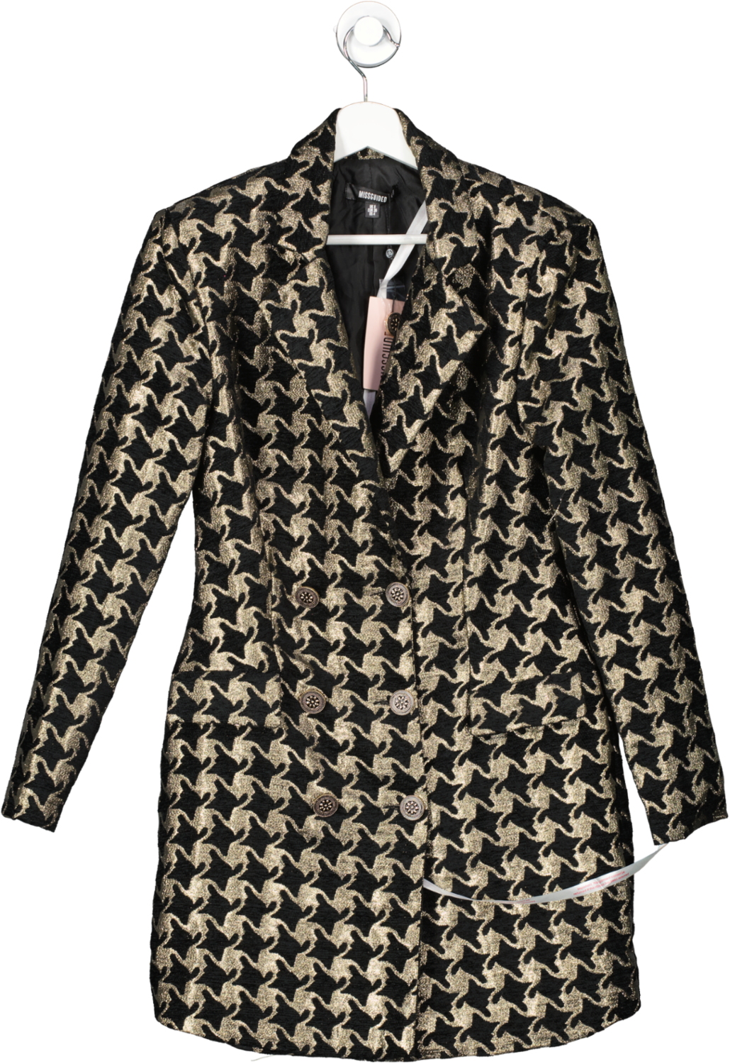 Missguided Black Dogtooth Jacquard Blazer Dress Gold Metallic UK 8