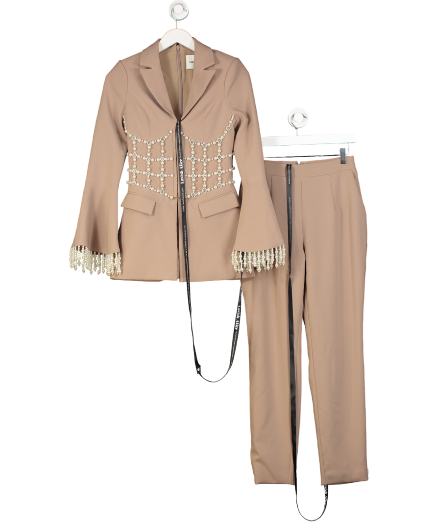 Lavish Alice 2-piece Beige  Pearl Embellished Blazer  and tailored trouser set UK 8