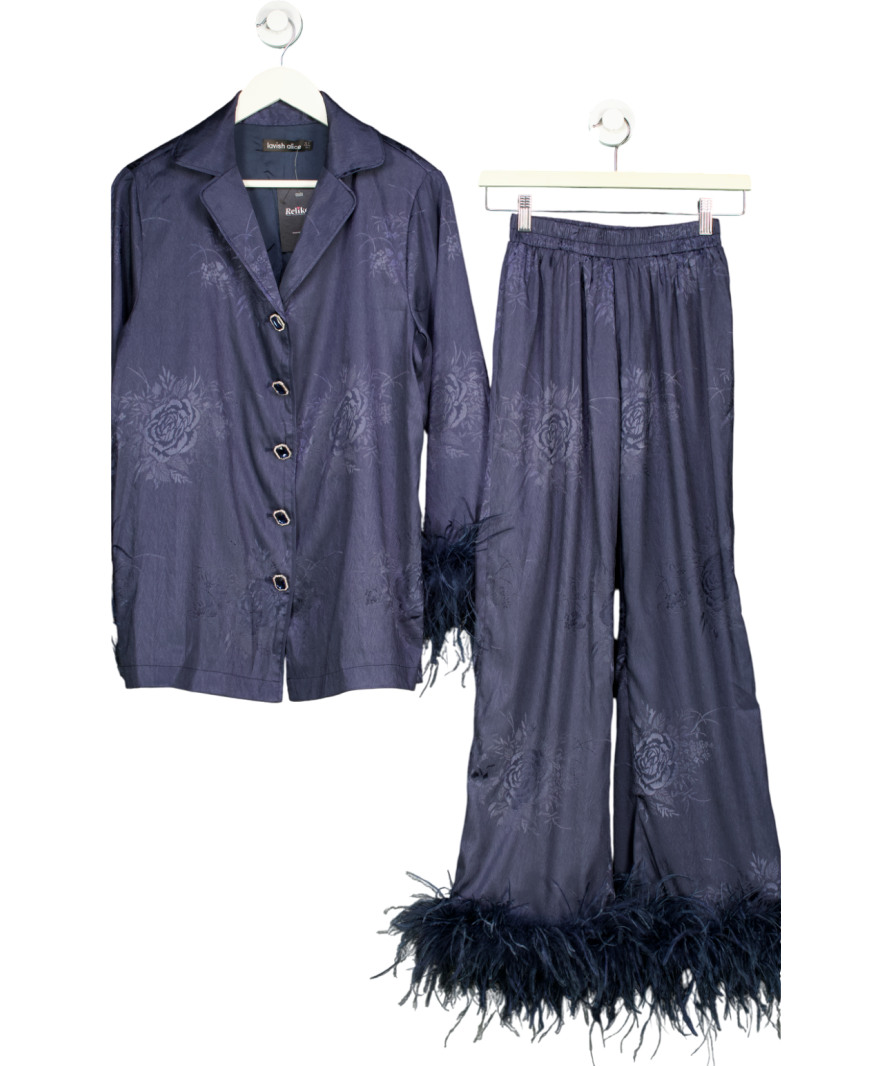 Lavish Alice Blue Helen Feather Trim Satin Jacquard Pyjama UK 8