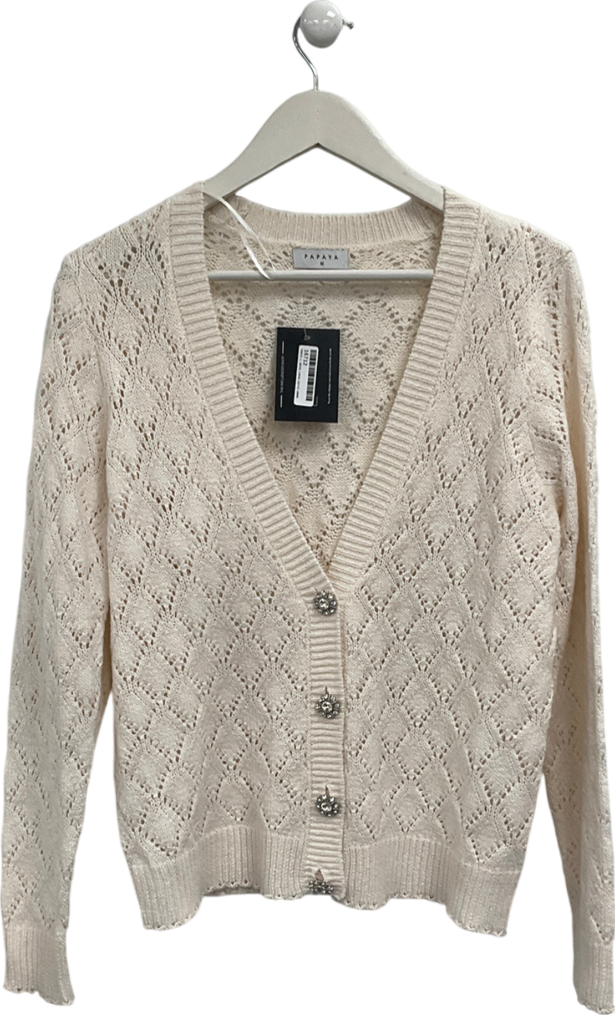 papaya White Crochet-style V-neck Cardigan With Button Closures UK M