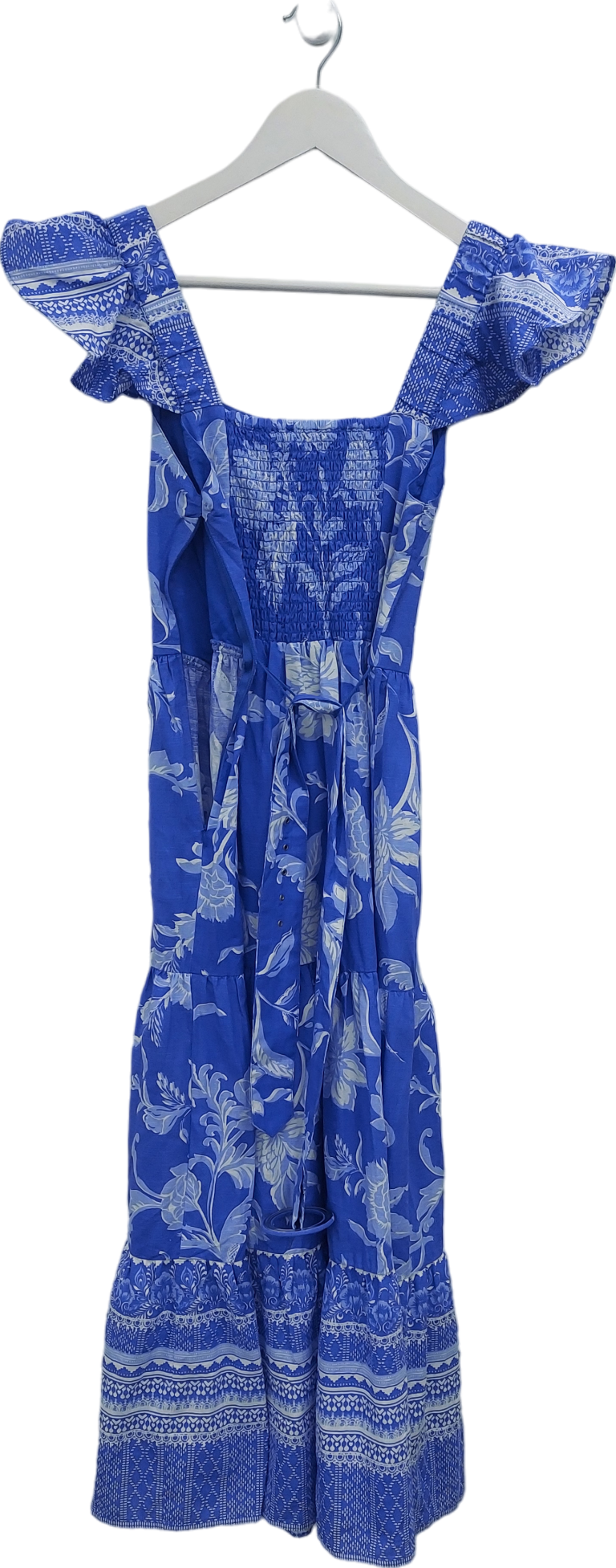 lipsy london Blue Ruffle Floral Belted Midi Linen Look Dress UK 6