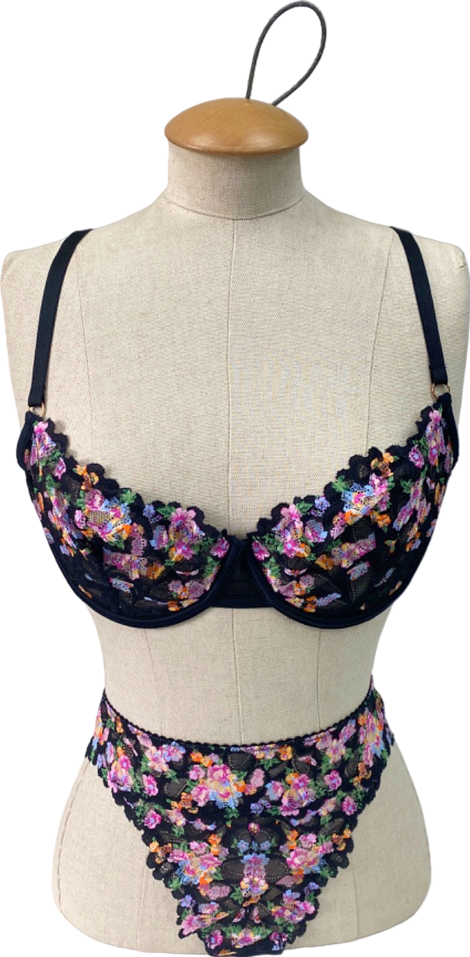 Savage x Fenty Black Floral Lace Bra and Thong Set Medium UK32F