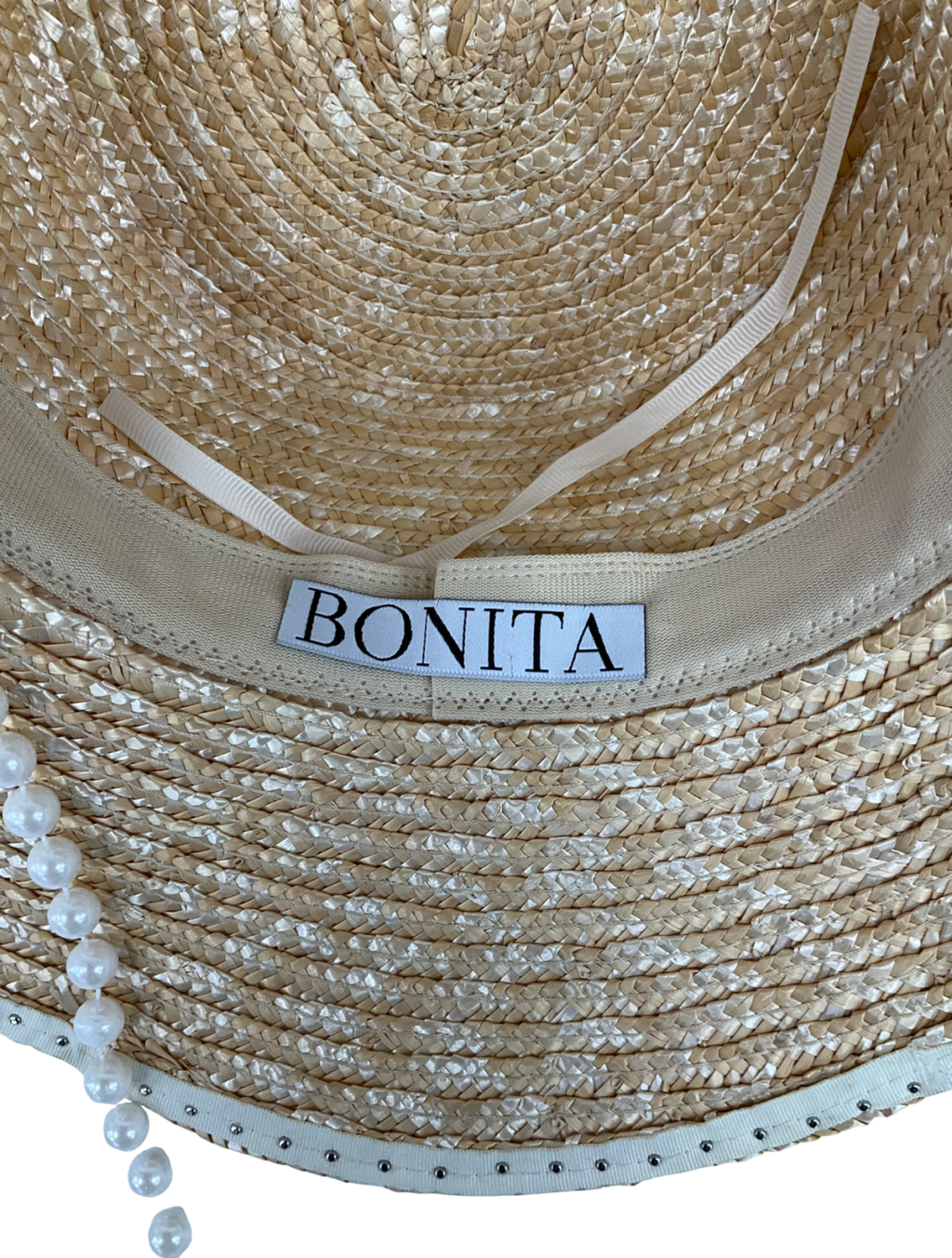 Boutique Bonita Beige Pearl Embellished Straw Hat With Embroidered ‘a’ One Size