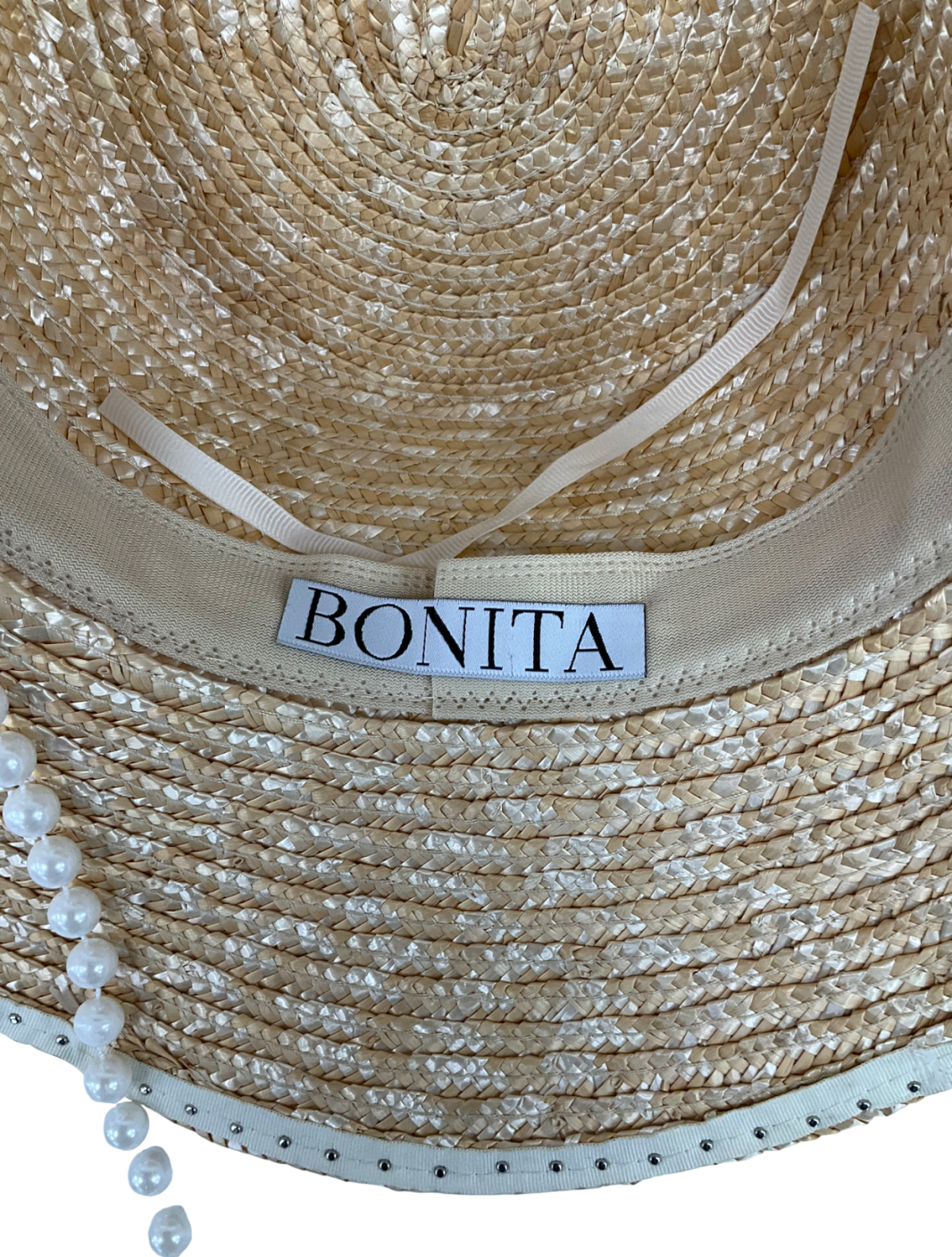 Boutique Bonita Beige Pearl Embellished Straw Hat With Embroidered ‘a’ One Size