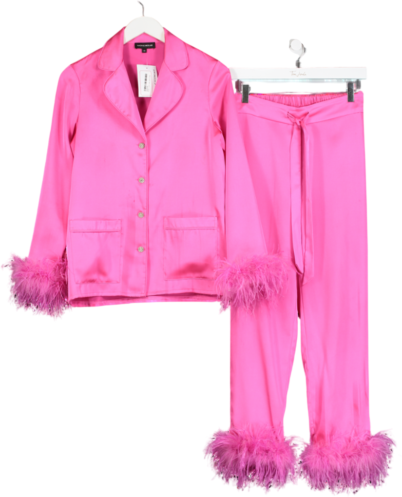 Nadine Merabi Pink Darcie Satin Feather Trim Pyjamas With Crystal Buttons UK S