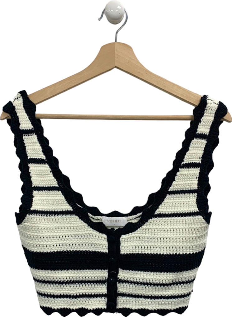 Meshki Black and White Striped Crochet Knit Tank Top UK S