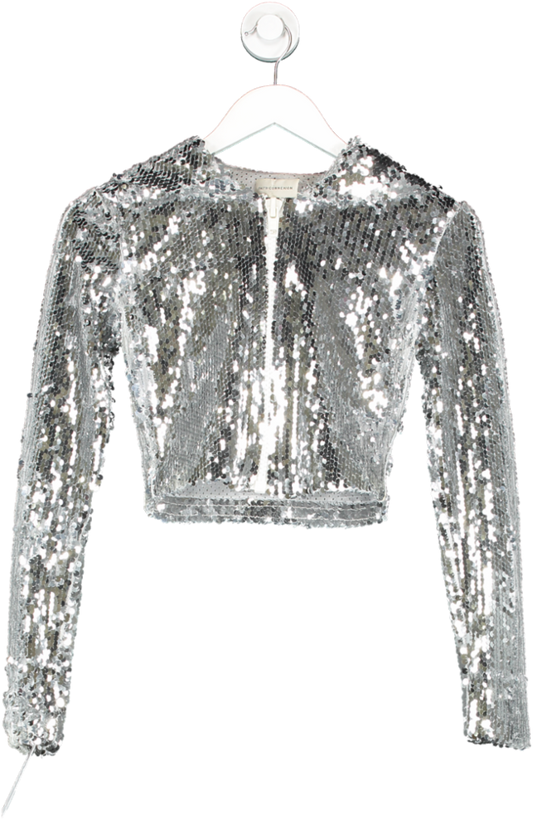 Faith Connexion Metallic Cropped Hooded Silver Sequin Jacket UK S