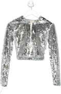 Faith Connexion Metallic Cropped Hooded Silver Sequin Jacket UK S