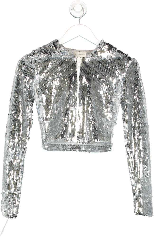Faith Connexion Metallic Cropped Hooded Silver Sequin Jacket UK S