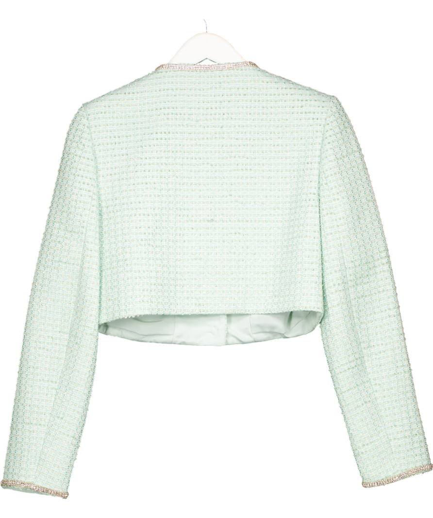 Self Portrait Mint Green Padded-shoulder Crystal-embellished Woven Jacket UK 10