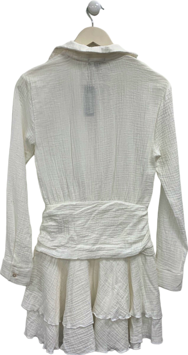 Pretty Little Thing White Oversized Shirt Frill Detail Shift Dress UK 6