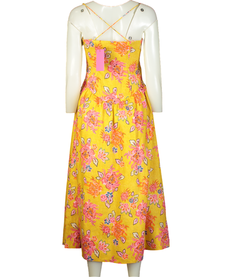 Rhode Resort Yellow floral Sophie Linen Midi Dress UK 8