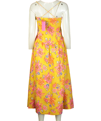 Rhode Resort Yellow floral Sophie Linen Midi Dress UK 8