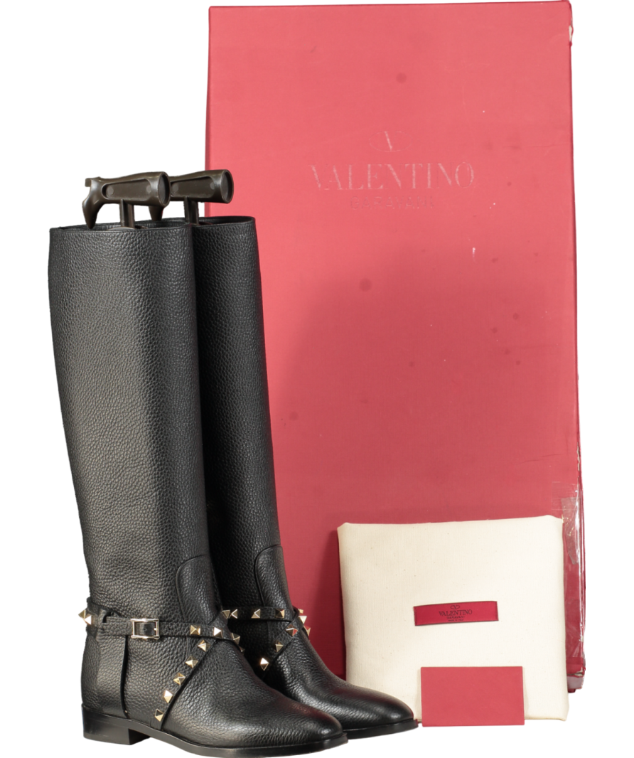 Valentino Garavani Rockstud Pebbled-leather Knee Boots In Black UK 2 EU 35 👠