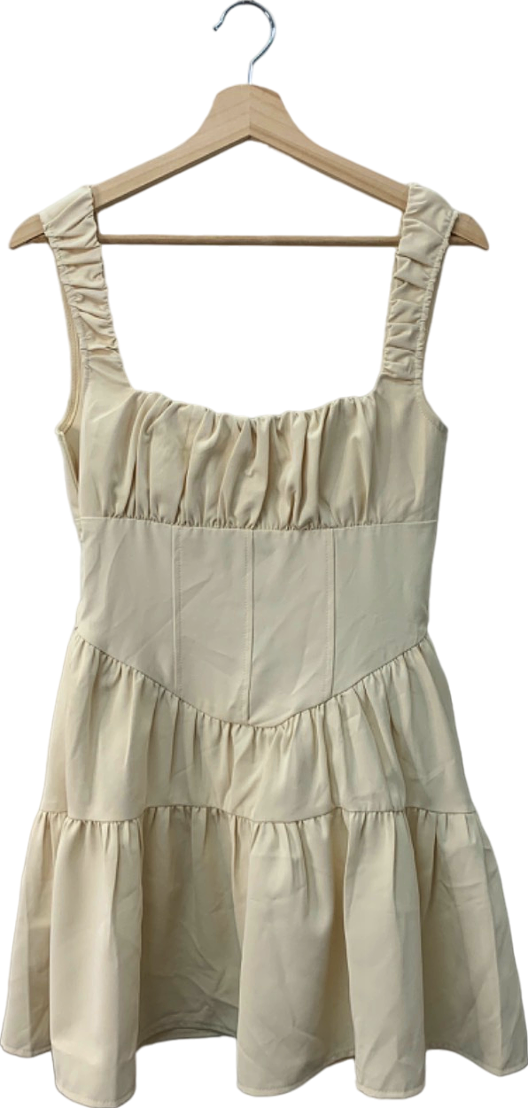 PrettyLittleThing Cream Corset Puffball Mini Shift Dress Size 8