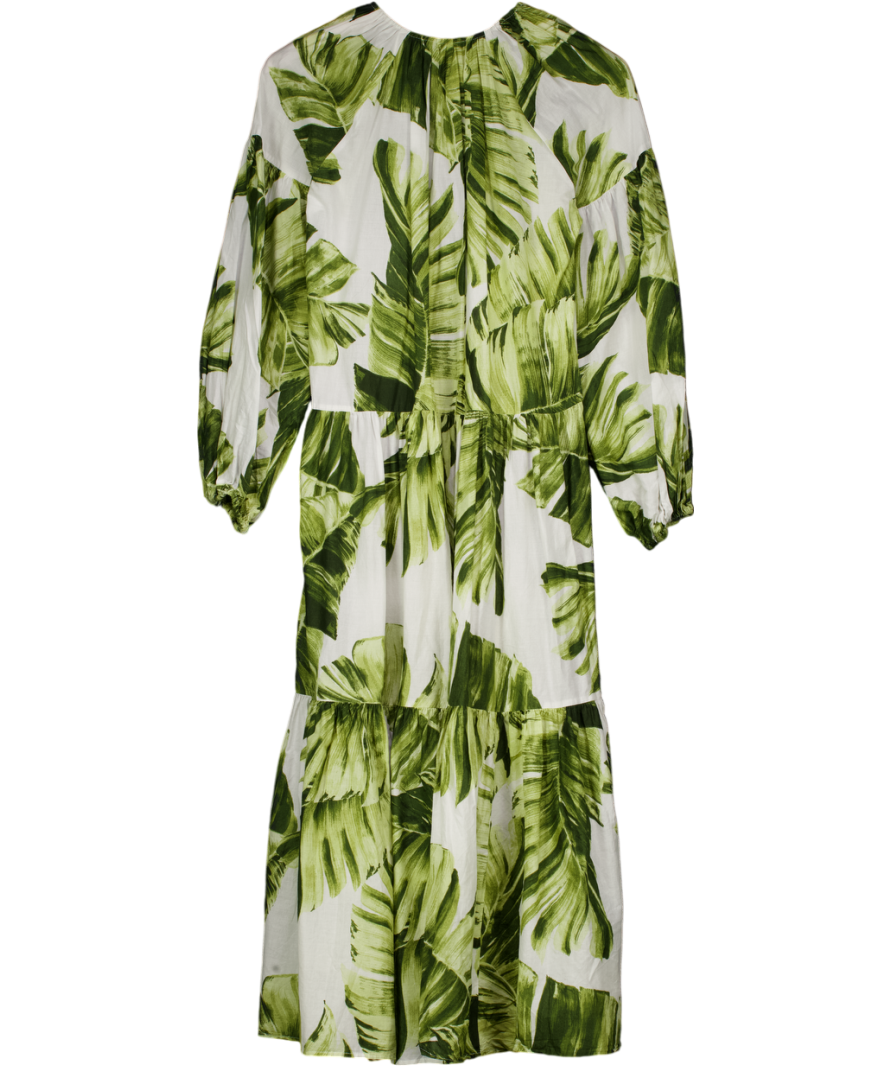 H&M White / Green Palm Leaves Balloon-sleeved Cotton Dress UK XS