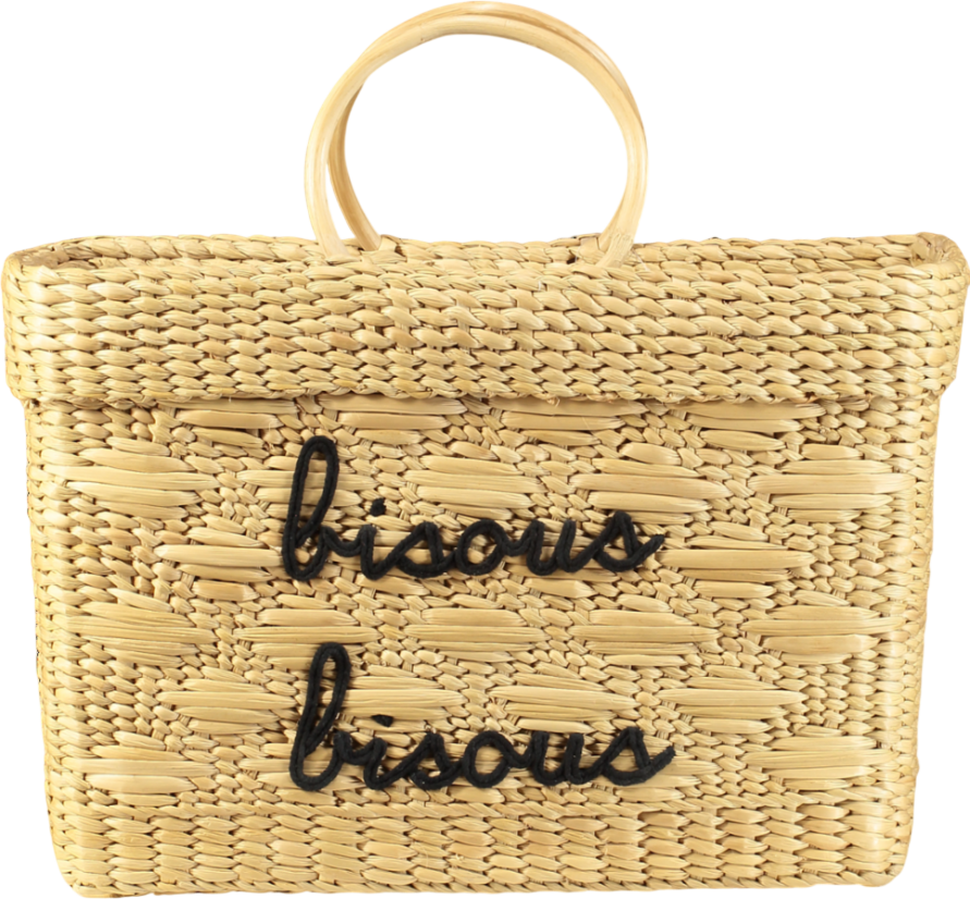 POOLSIDE Beige Structured Natural Straw Woven Large "bisous Bisous"  Kisses Basket Bag