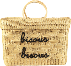 POOLSIDE Beige Structured Natural Straw Woven Large "bisous Bisous"  Kisses Basket Bag