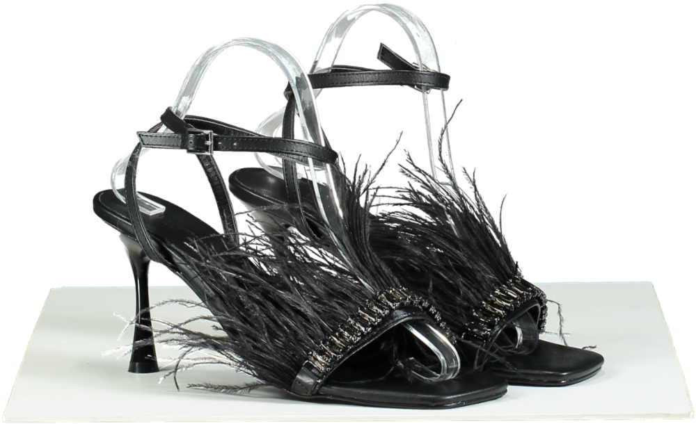 Gaelle Black Feather Trimmed Sandals UK 6 EU 39 👠