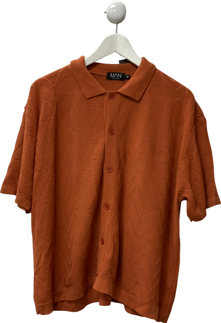 boohooMan Short Sleeve Boxy Open Stitch Knitted Shirt Burnt Orange UK M