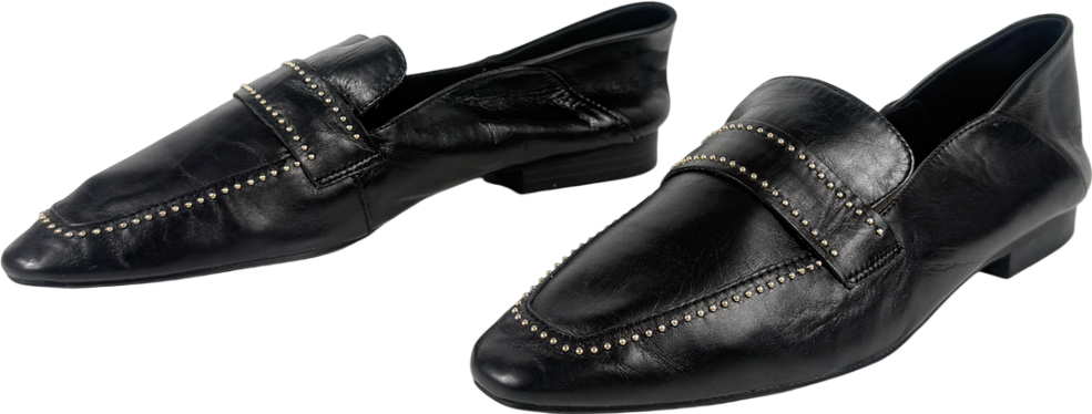 ZARA Black Air Fit Flat Soft Leather Loafer Shoe With Gold Studs UK 5 EU 38