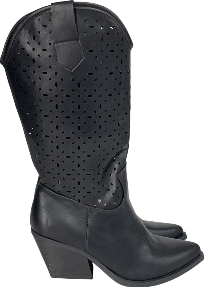 Nasty Gal Black Faux Leather Laser Cut Midi Cowboy Boots UK 6 EU 39 👠