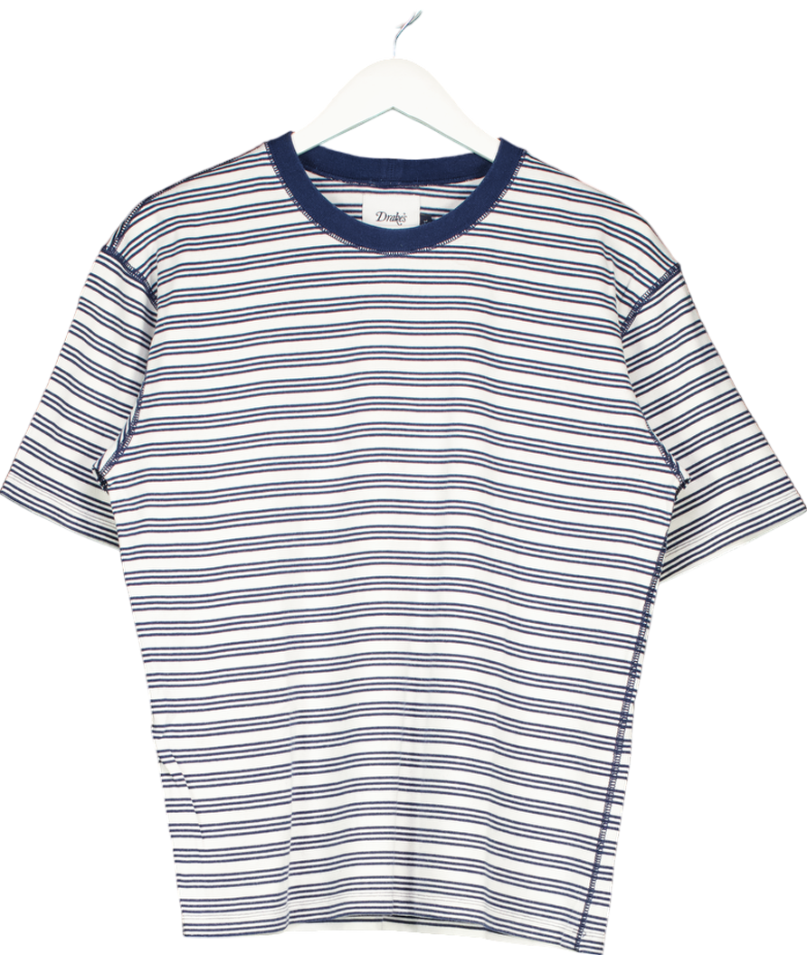 Drake's Navy Blue / White Striped Crew Neck T-shirt UK L