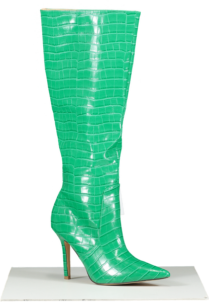 Public Desire Green Croc Print Knee High Heels UK 5 EU 38 👠