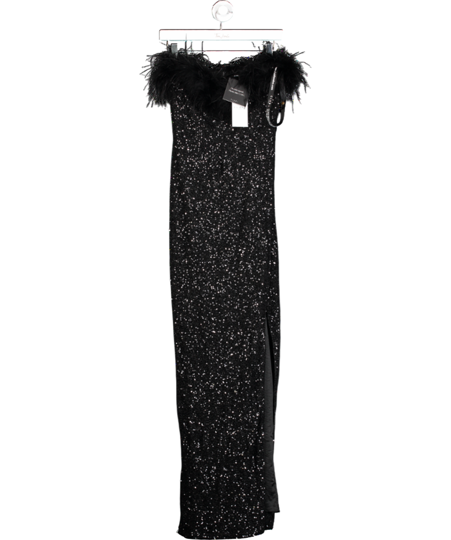 Club L Black Bodycon Sequin Maxi Dress With Feather Trim UK 8