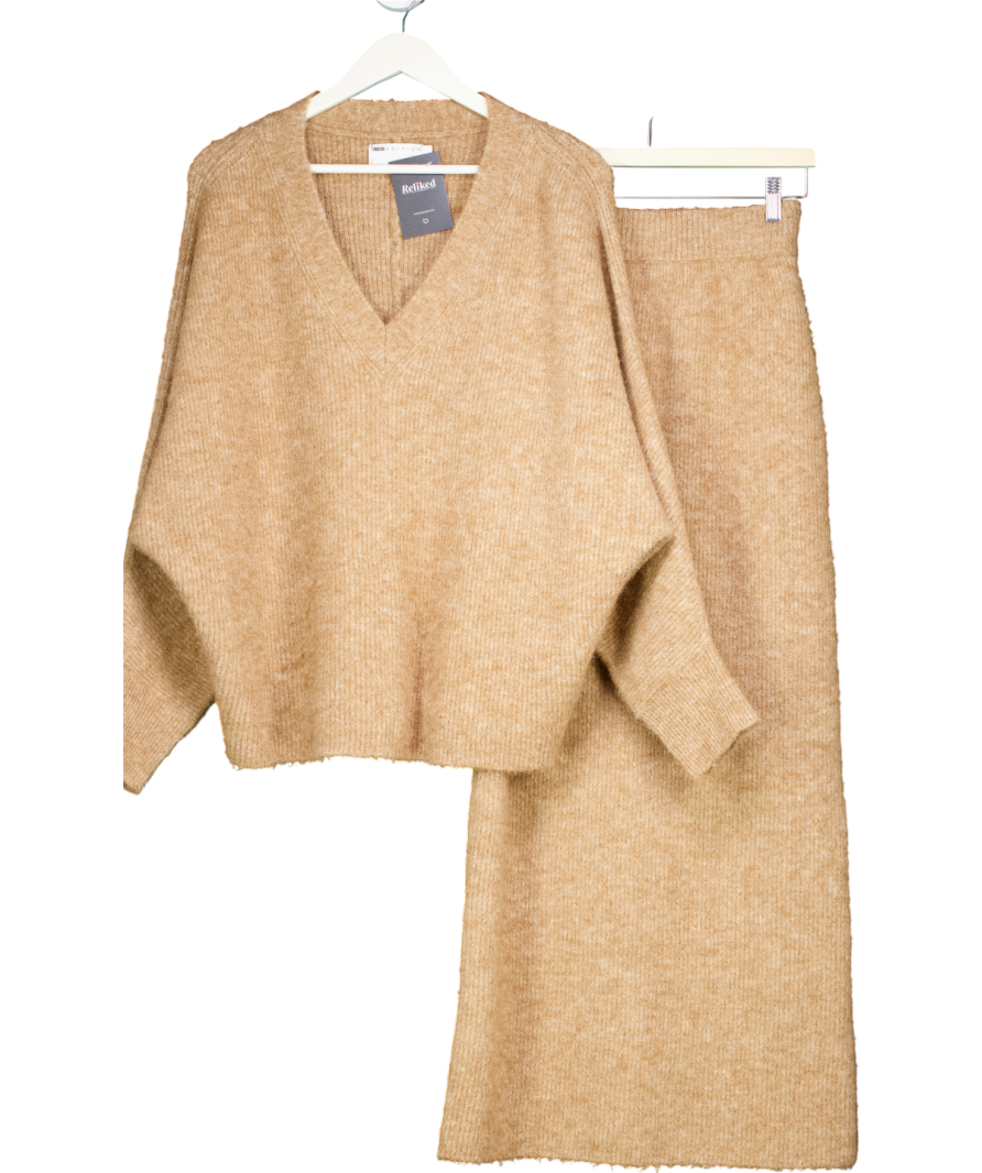 ASOS Beige Wool Blend Jumper And Skirt Co-ord UK XS