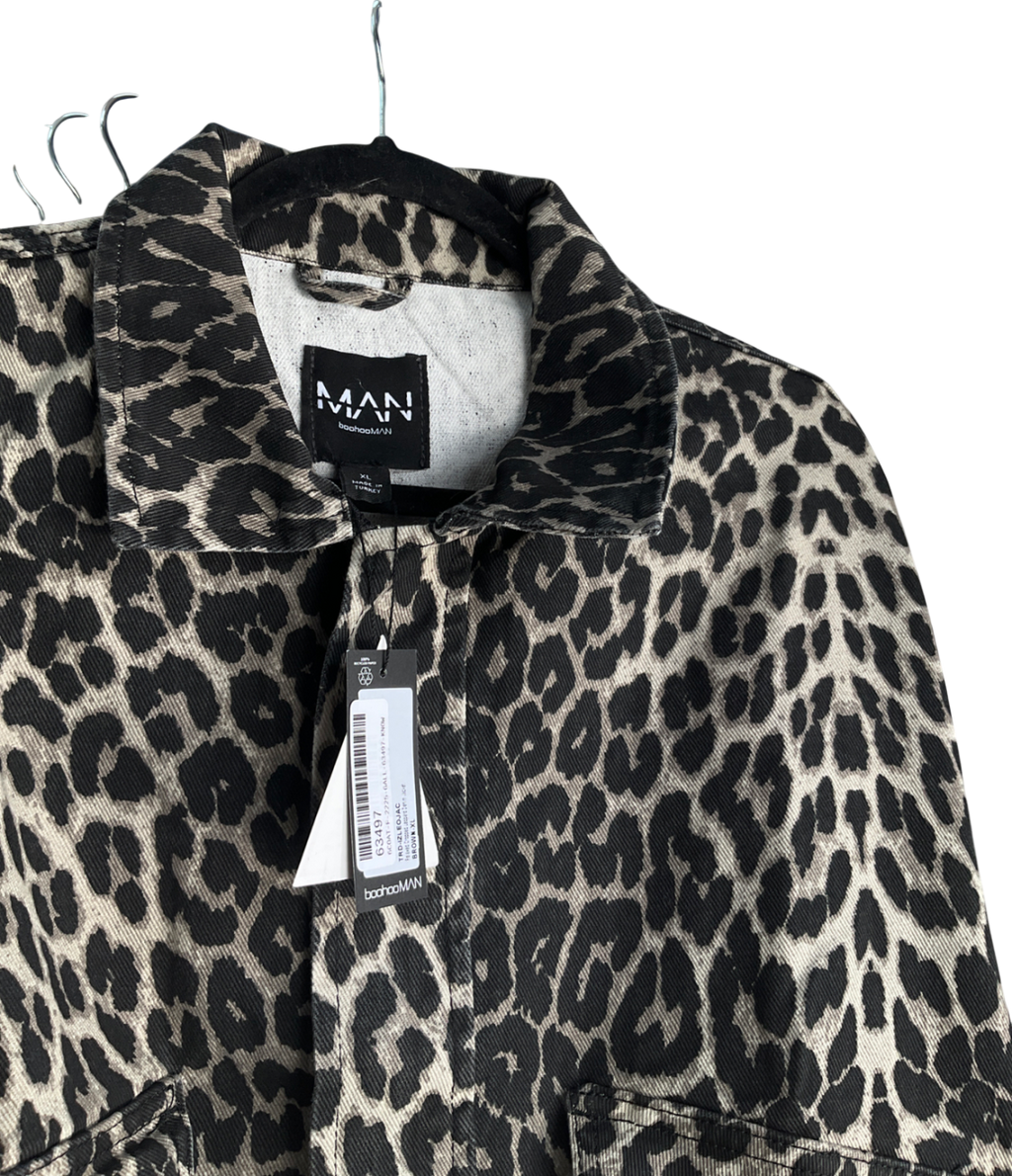 boohooMan Brown Relaxed Cropped Leopard Print Jacket UK XL