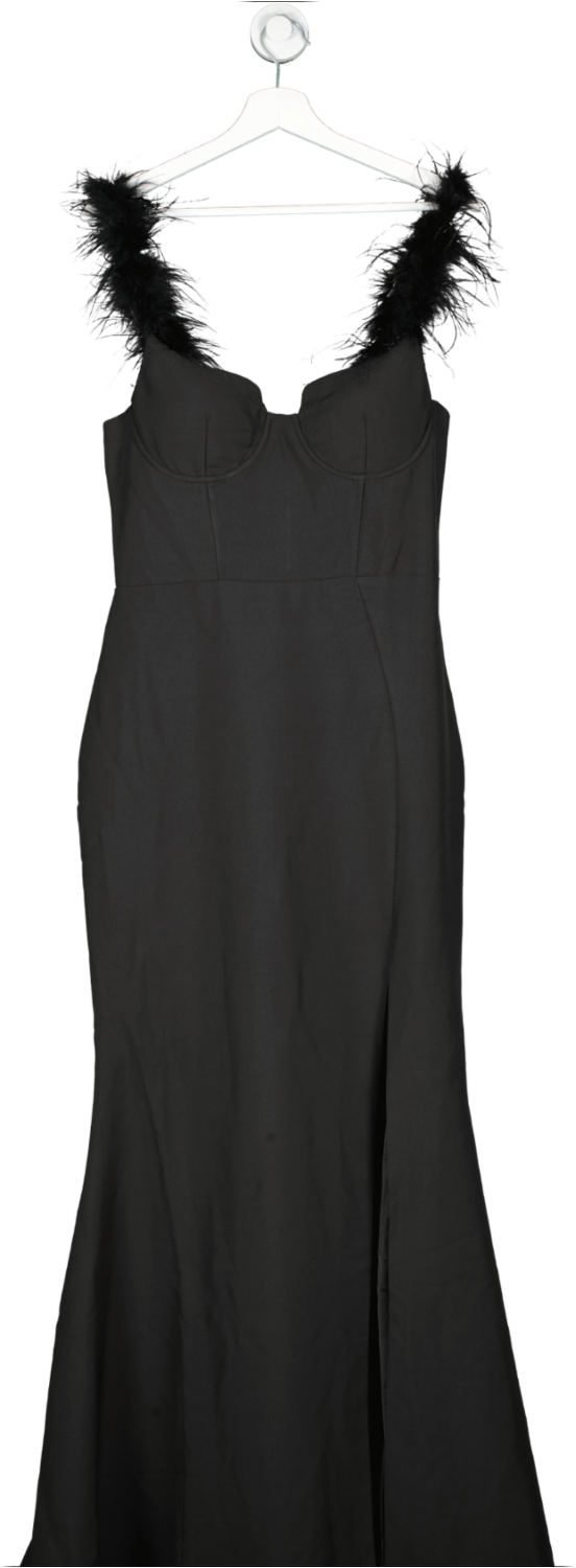 Club L Black Lily Feather Shoulder Corset Style Maxi Dress UK 10