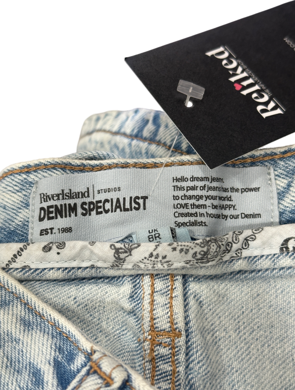 River Island Blue Washed Design Wide-leg Jeans UK 8