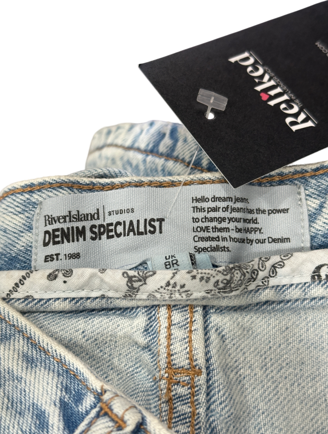 River Island Blue Washed Design Wide-leg Jeans UK 8