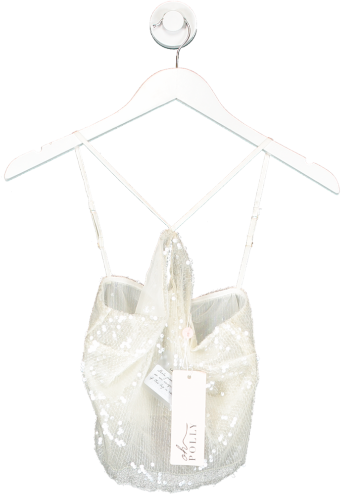Oh Polly White Rhea  Sheer Sequin Keyhole Cut Out Halter Neck Crop Top UK 8