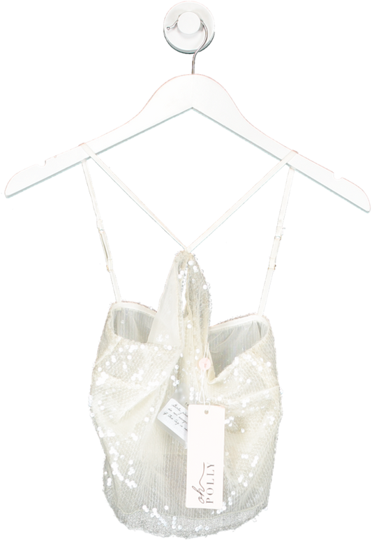 Oh Polly White Rhea  Sheer Sequin Keyhole Cut Out Halter Neck Crop Top UK 8