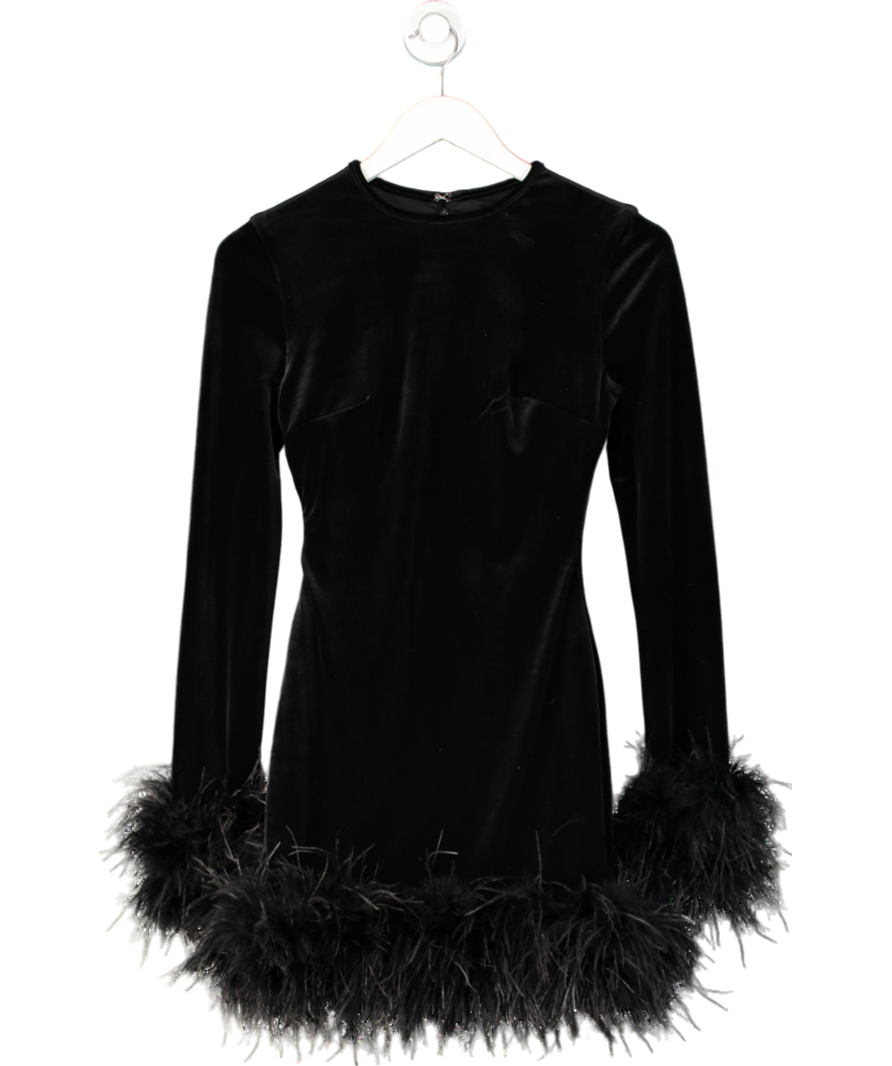 House of CB Black Velvet Feather Trim Mini Dress UK XS