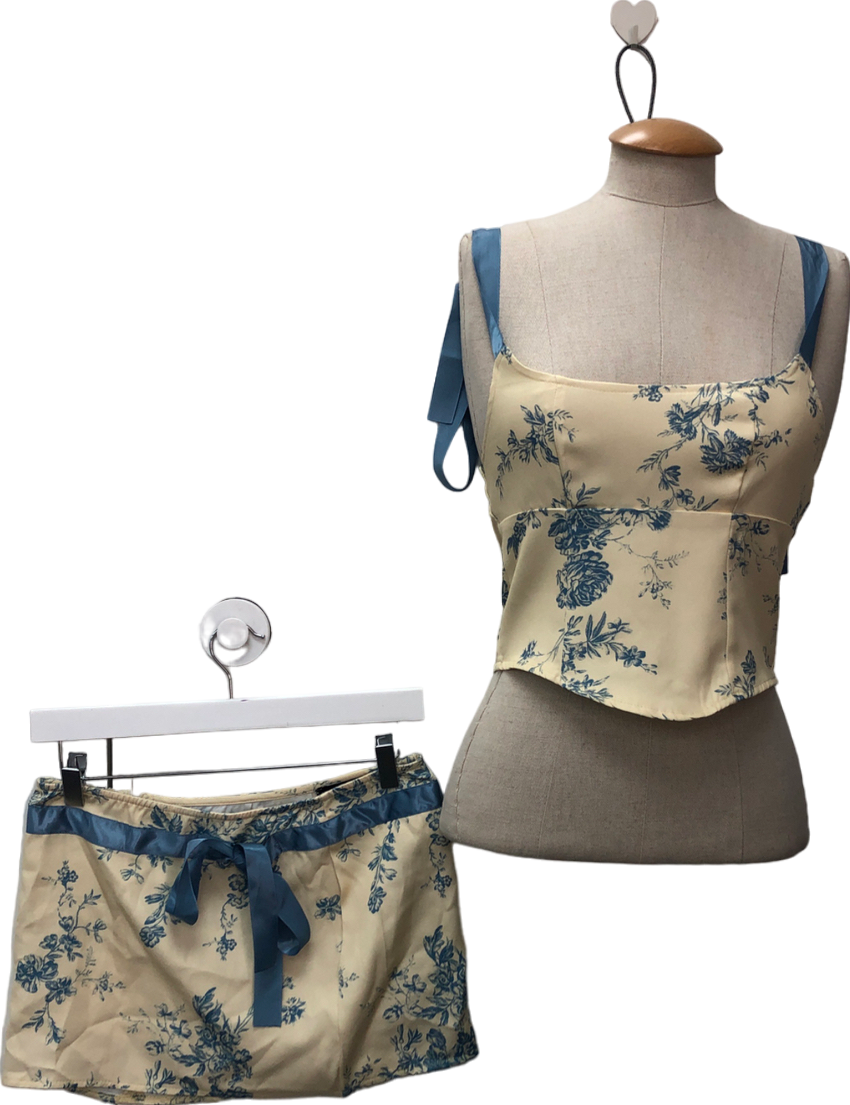 PrettyLittleThing Yellow Lemon Floral Woven Bow Detail Low Rise Micro Mini Skirt And Bow Strap Corset UK 6