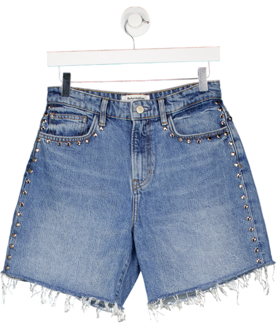 Reformation Mid Blue Studded Raye Mid-rise 6” Relaxed Jean Shorts W25