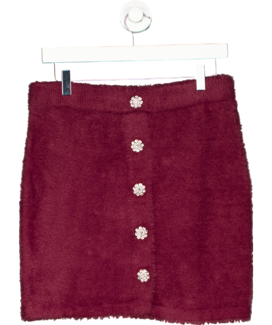 ROTATE X H&M BURGUNDY Bijoux Button Fluffy Knit Mini Skirt WITH CRYSTAL BUTTONS  UK 12