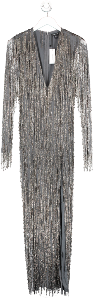Karen Millen Grey Embellished Fringe Plunge Neck Maxi Dress UK 12