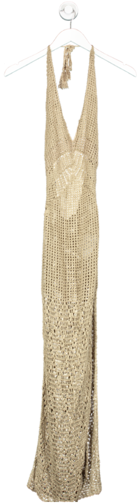 Flook The Label Beige Crochet Halter Beach Maxi Dress UK XS